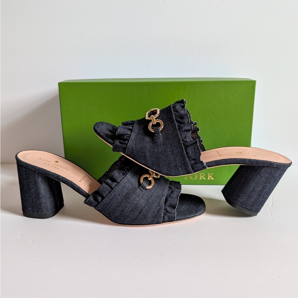 Kate Spade New York Brie Kiltie Denim Slide Sandals Heels Womens Size US 10M NIB
